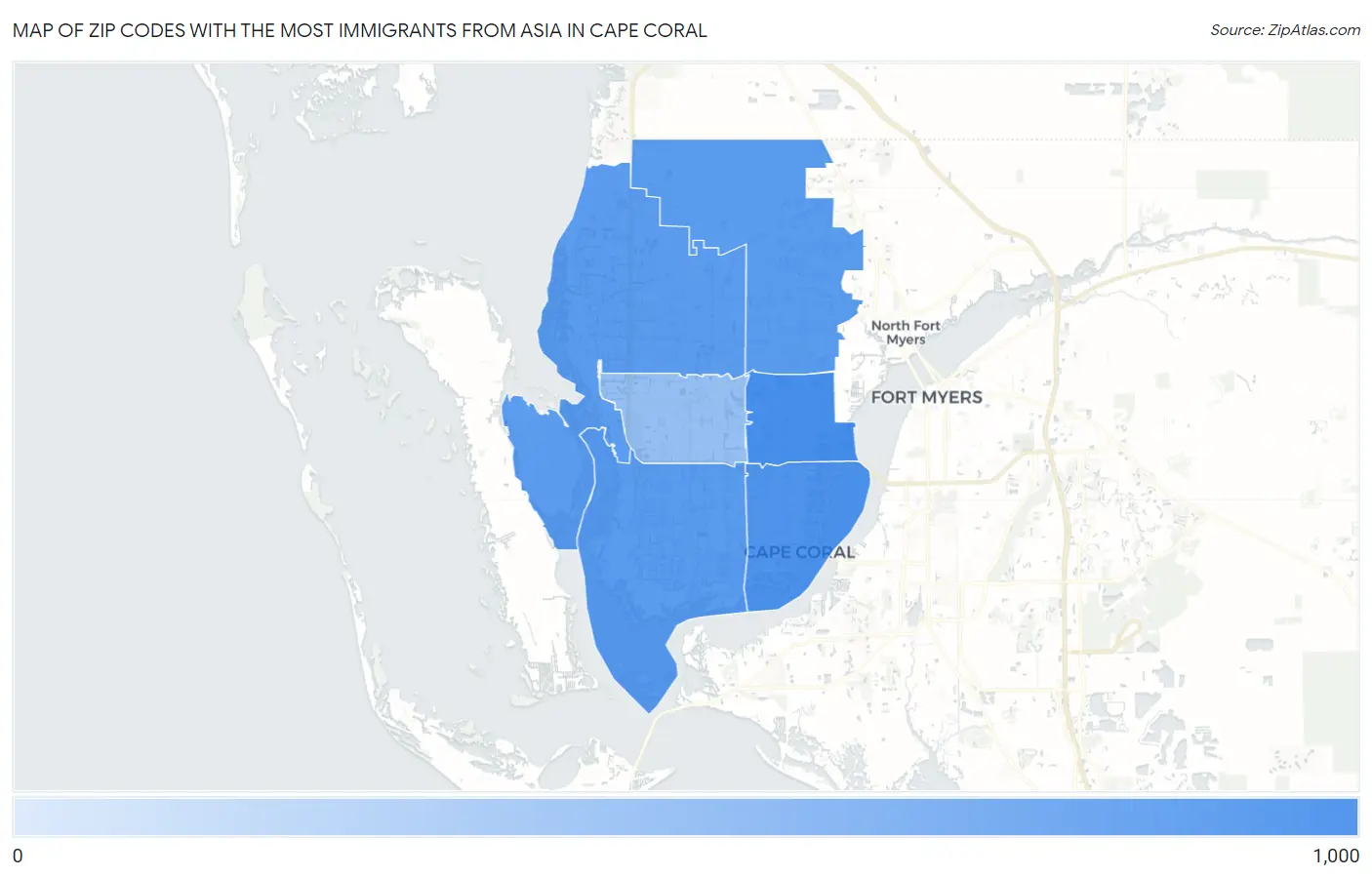 Zip Codes with the Most Immigrants from Asia in Cape Coral Map