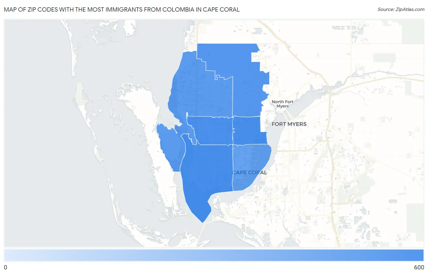 Zip Codes with the Most Immigrants from Colombia in Cape Coral Map