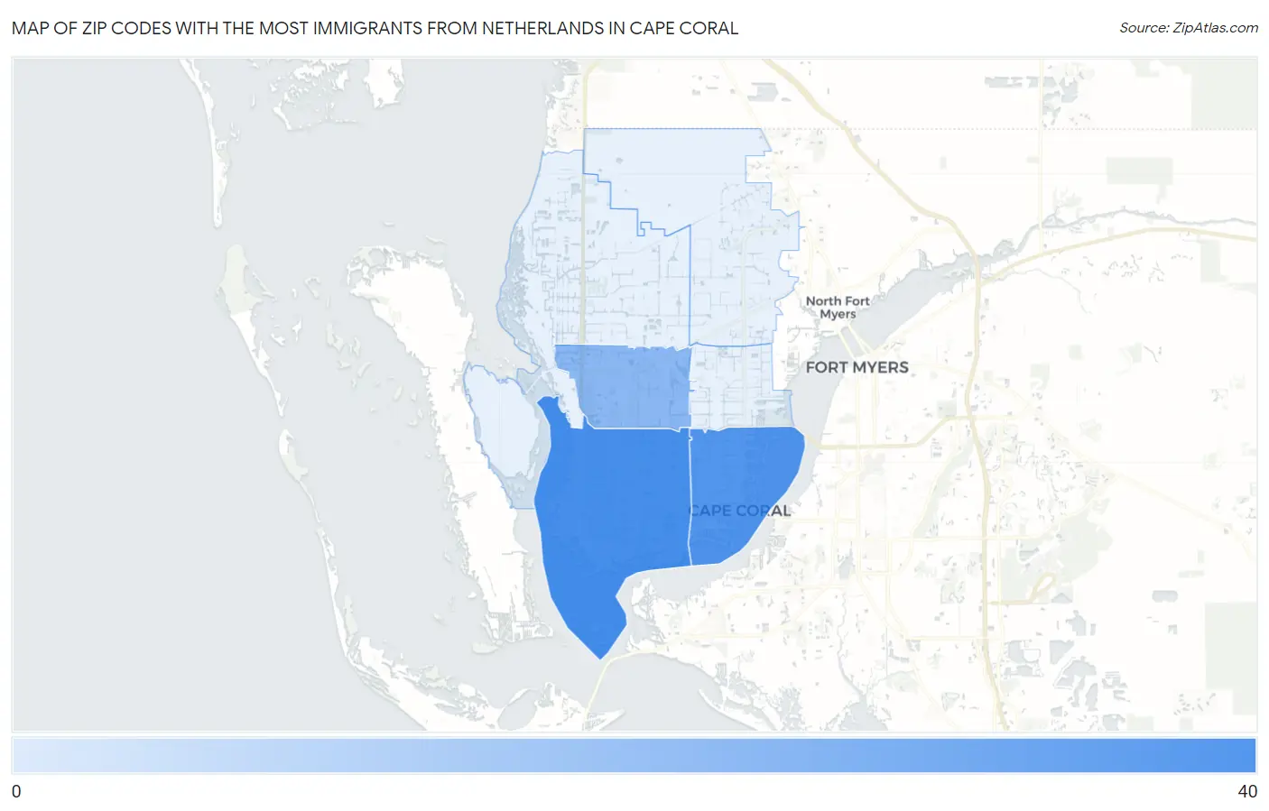 Zip Codes with the Most Immigrants from Netherlands in Cape Coral Map