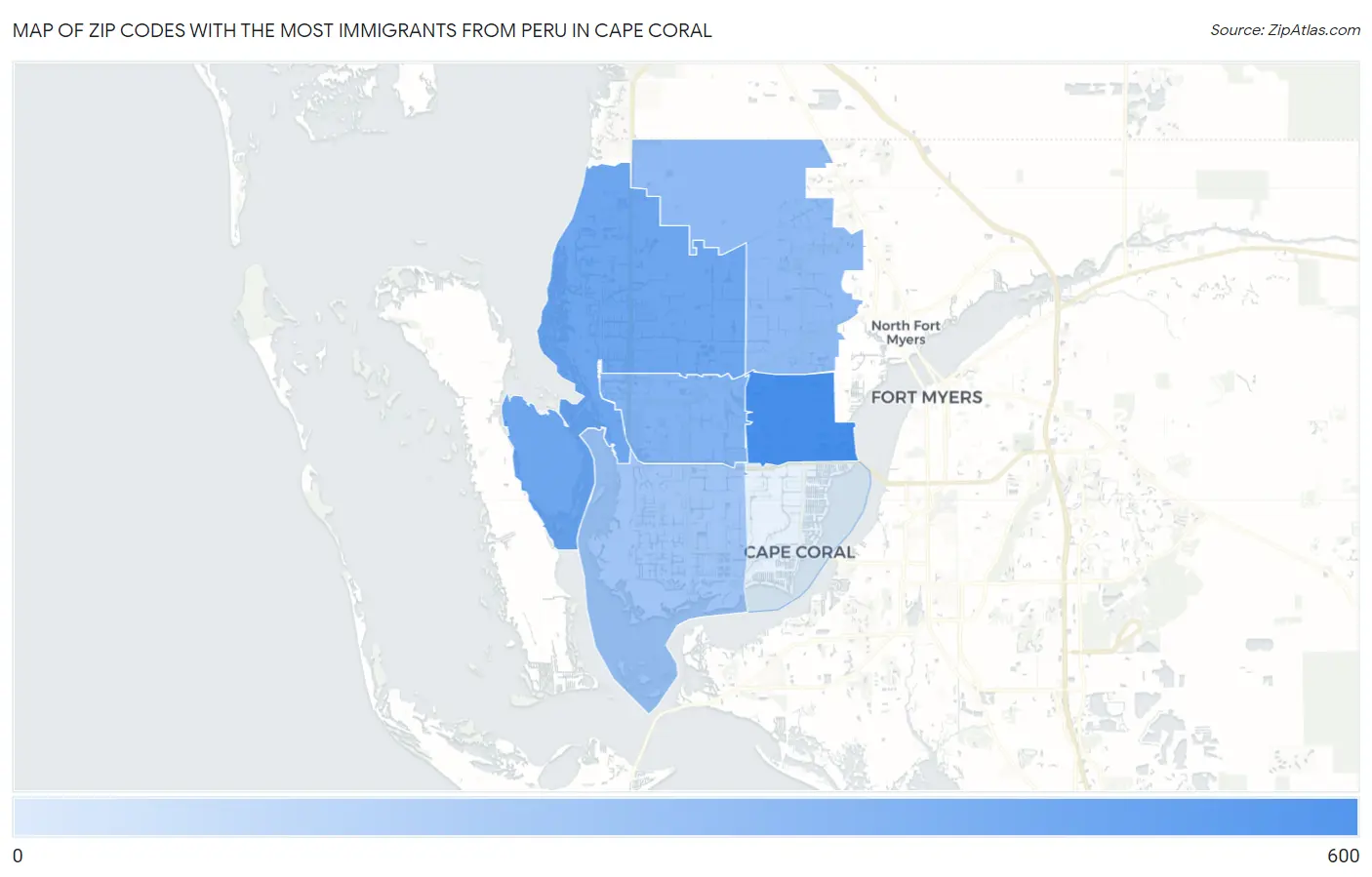 Zip Codes with the Most Immigrants from Peru in Cape Coral Map
