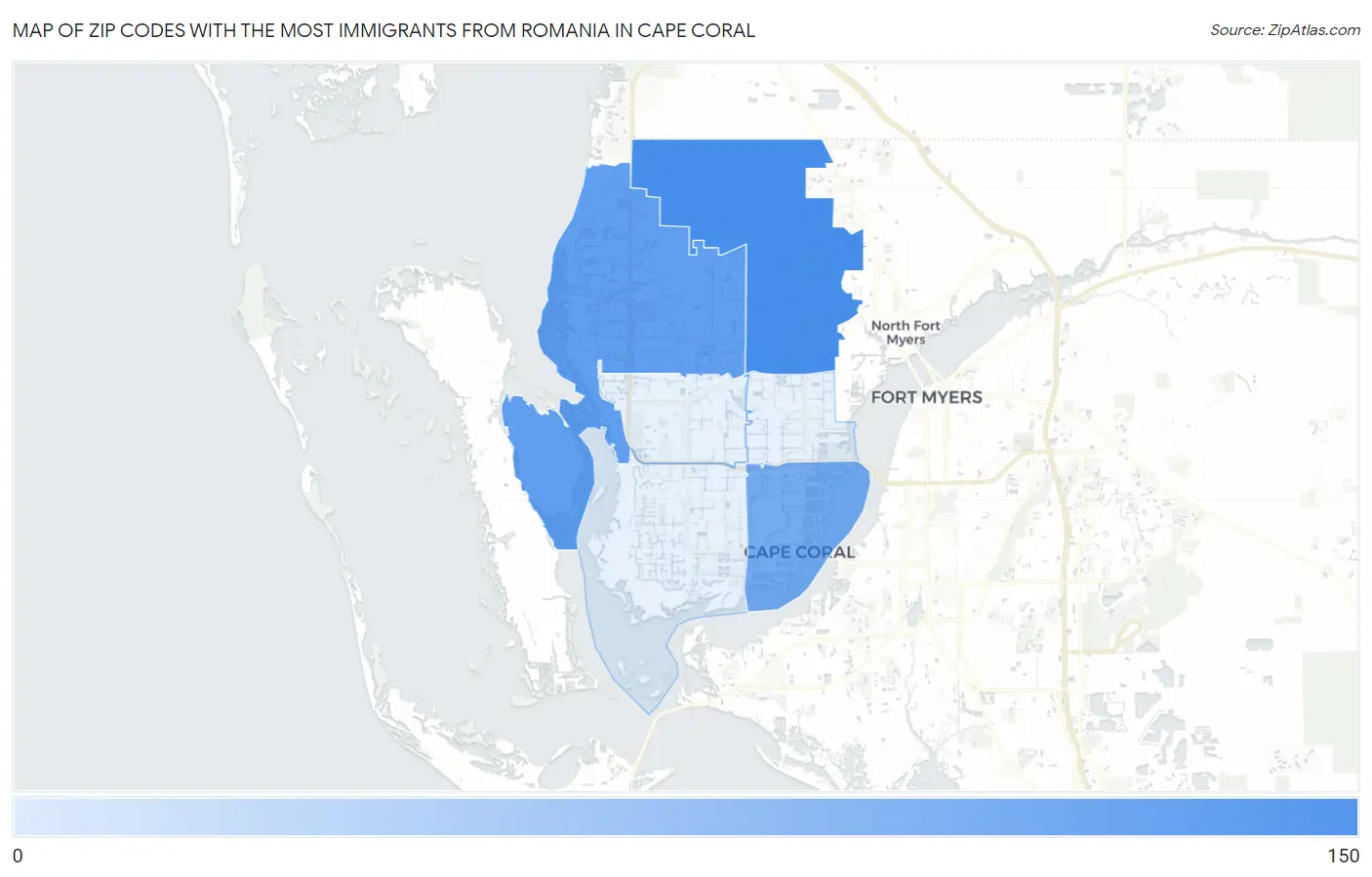 Zip Codes with the Most Immigrants from Romania in Cape Coral Map