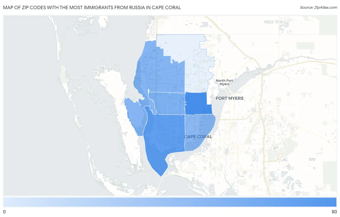 Zip Codes with the Most Immigrants from Russia in Cape Coral Map