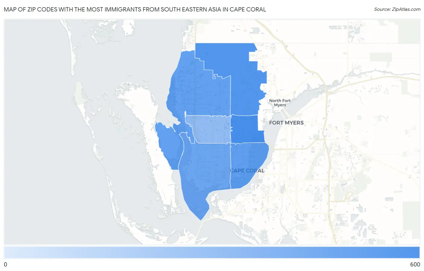 Zip Codes with the Most Immigrants from South Eastern Asia in Cape Coral Map