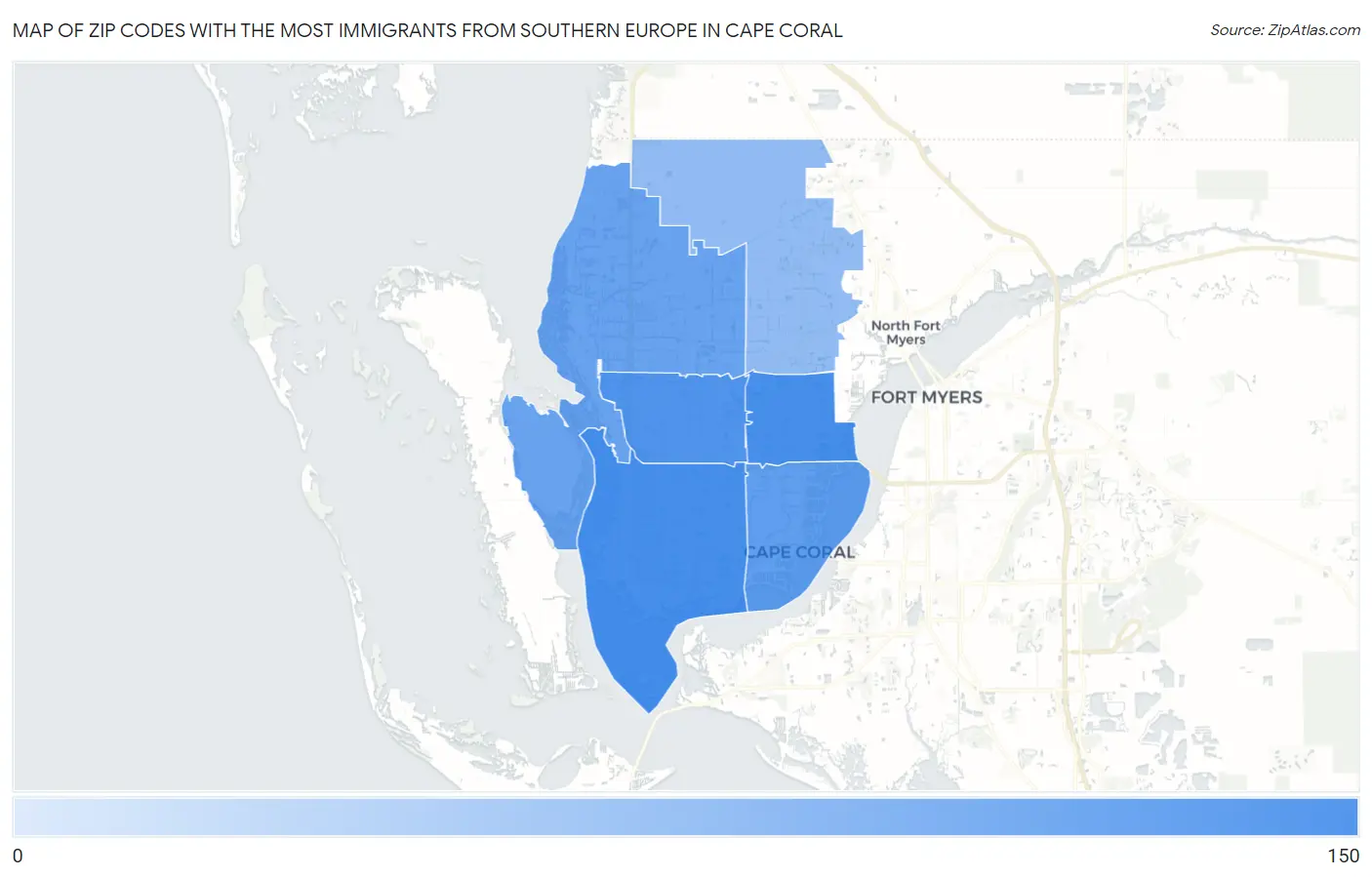 Zip Codes with the Most Immigrants from Southern Europe in Cape Coral Map