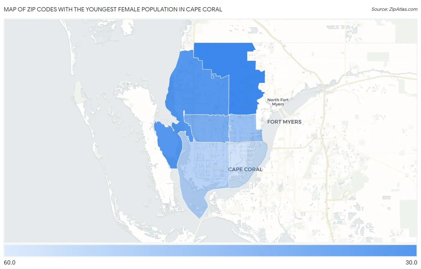 Zip Codes with the Youngest Female Population in Cape Coral Map