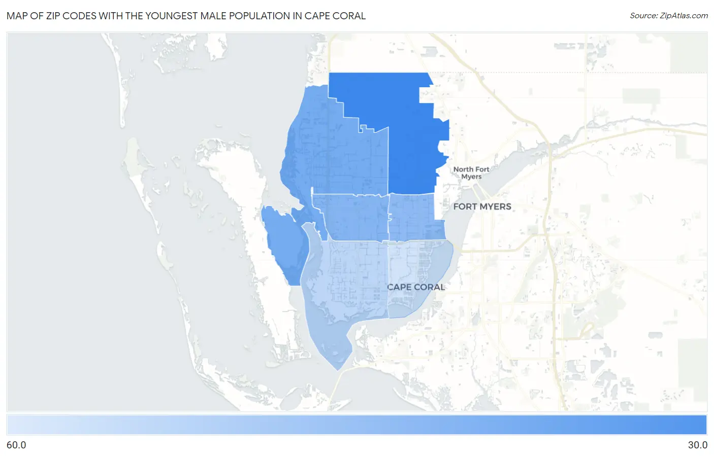Zip Codes with the Youngest Male Population in Cape Coral Map