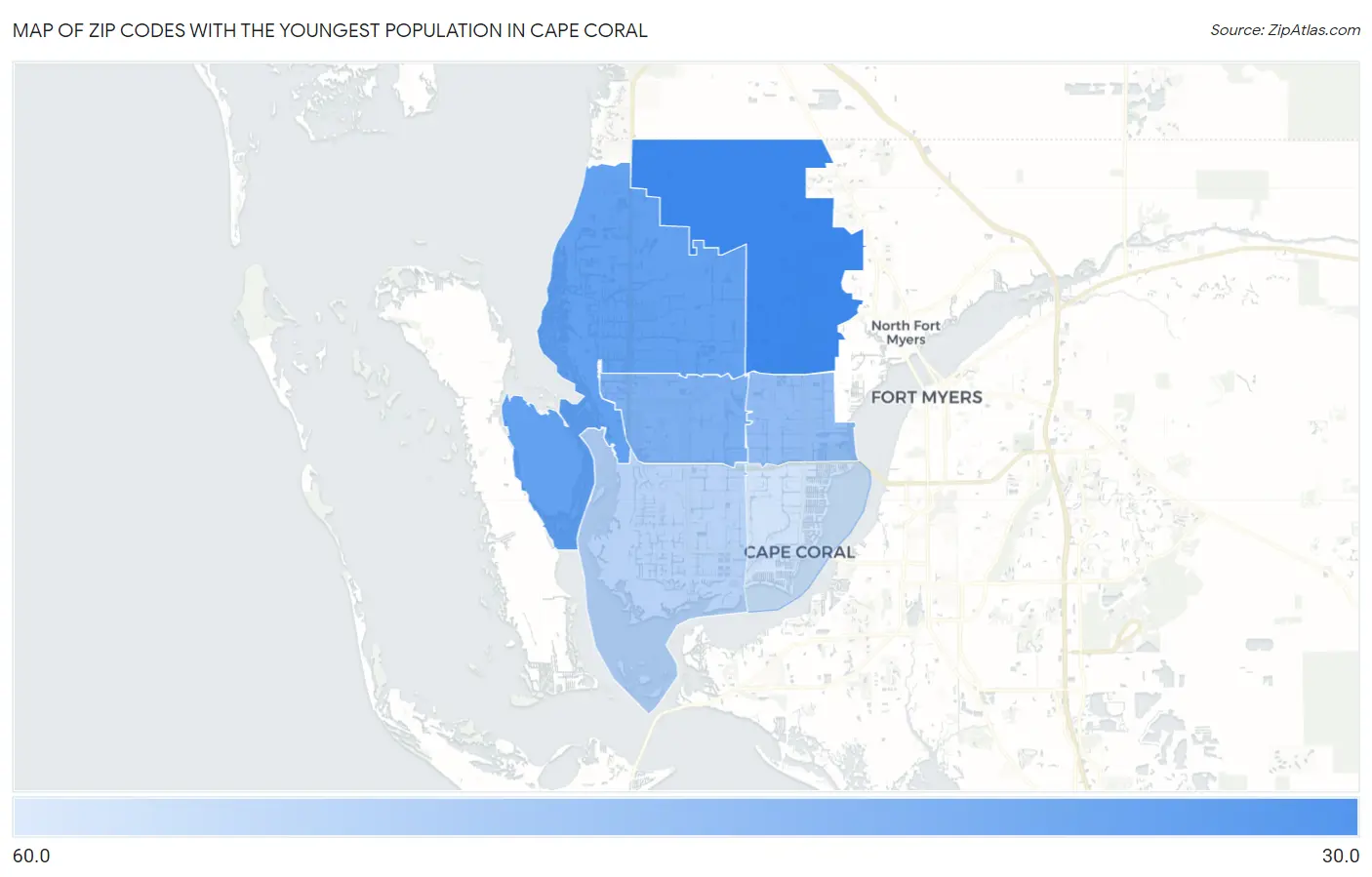 Zip Codes with the Youngest Population in Cape Coral Map