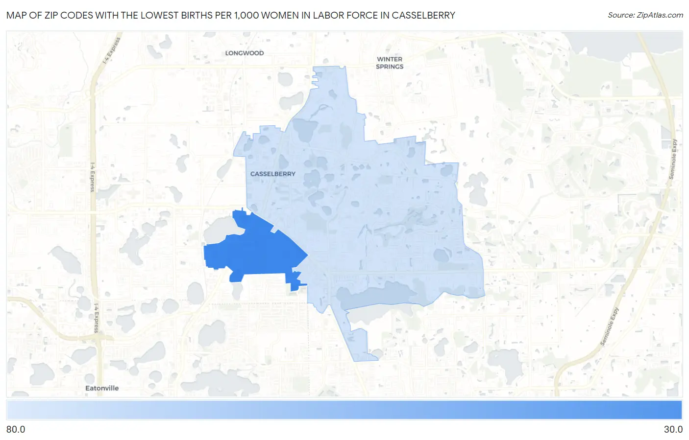 Zip Codes with the Lowest Births per 1,000 Women in Labor Force in Casselberry Map