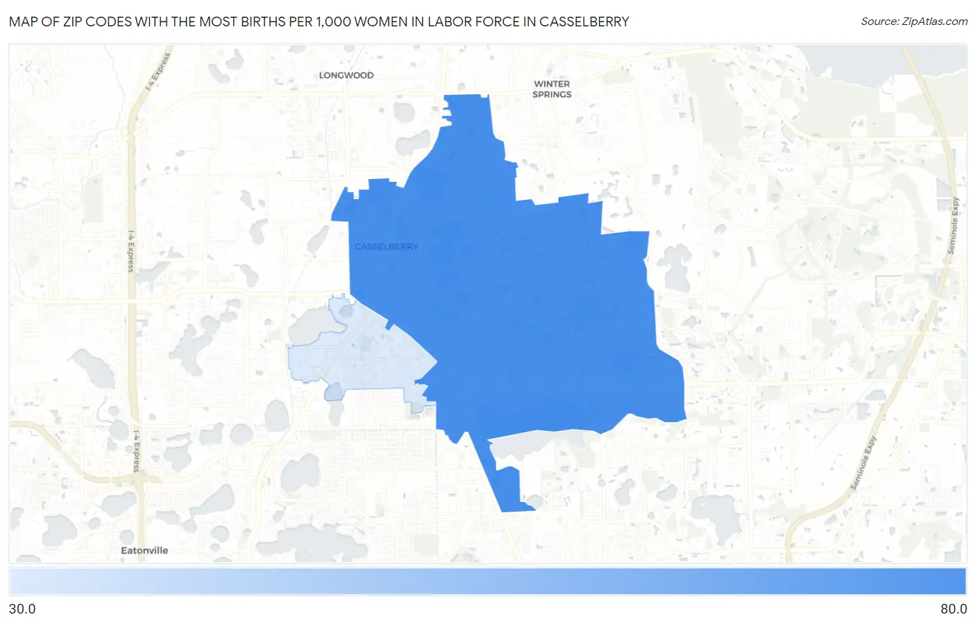 Zip Codes with the Most Births per 1,000 Women in Labor Force in Casselberry Map