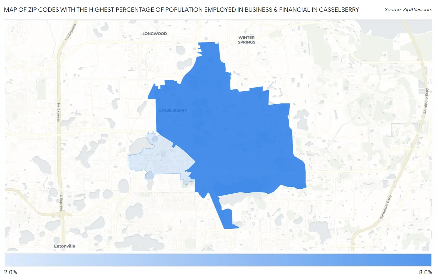 Zip Codes with the Highest Percentage of Population Employed in Business & Financial in Casselberry Map
