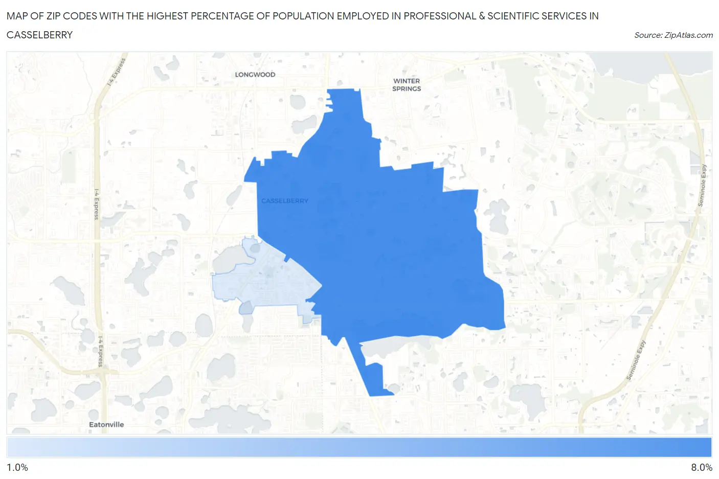 Zip Codes with the Highest Percentage of Population Employed in Professional & Scientific Services in Casselberry Map
