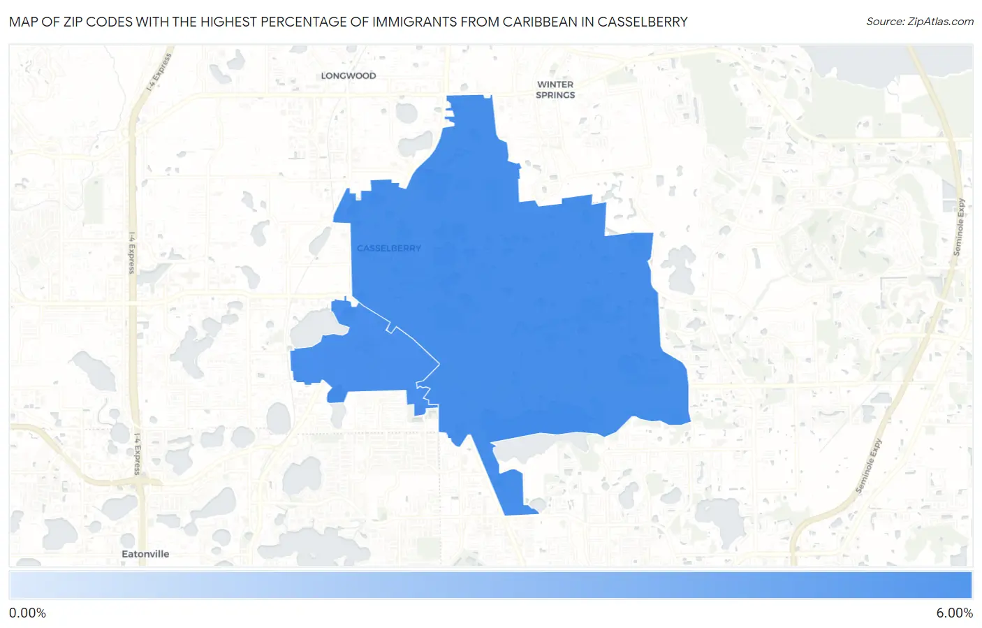 Zip Codes with the Highest Percentage of Immigrants from Caribbean in Casselberry Map