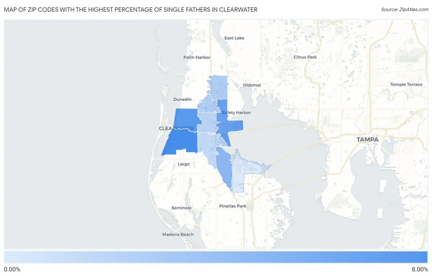 Zip Codes with the Highest Percentage of Single Fathers in Clearwater Map