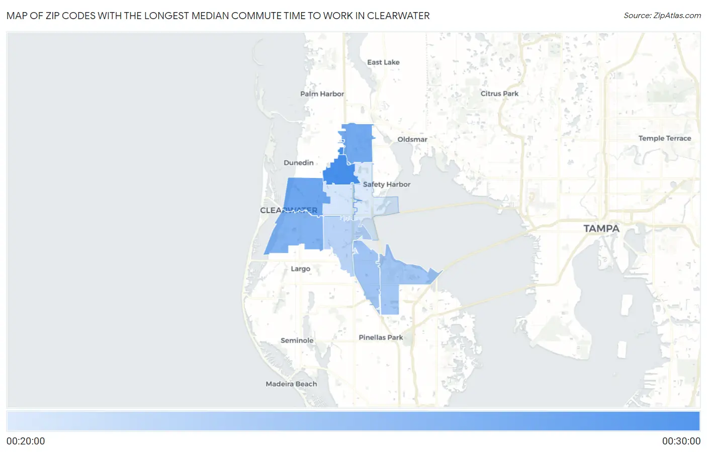 Zip Codes with the Longest Median Commute Time to Work in Clearwater Map