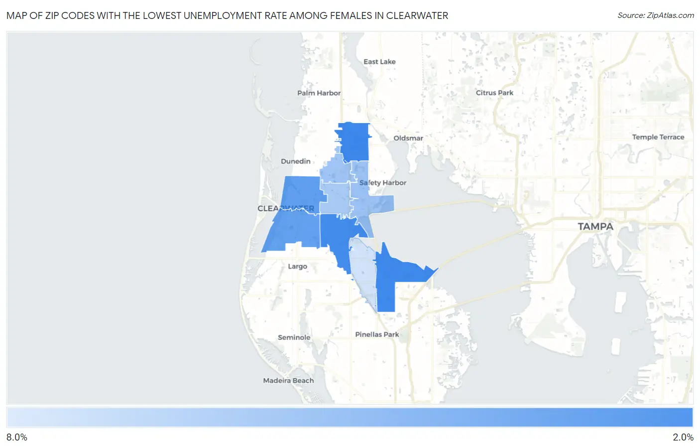Zip Codes with the Lowest Unemployment Rate Among Females in Clearwater Map