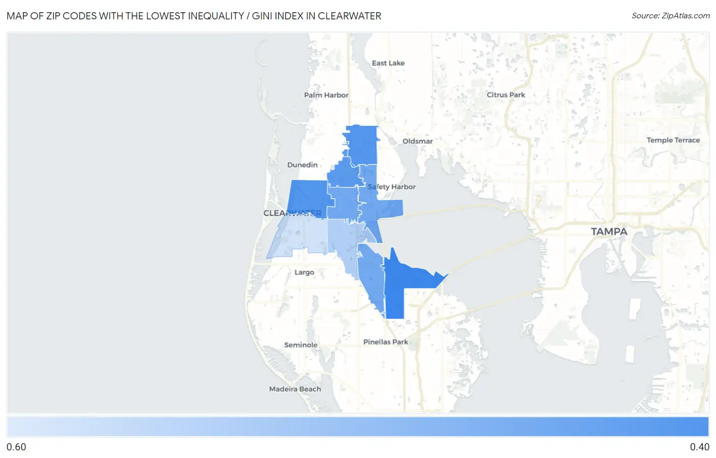 Zip Codes with the Lowest Inequality / Gini Index in Clearwater Map