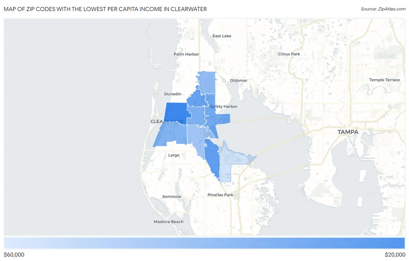 Zip Codes with the Lowest Per Capita Income in Clearwater Map
