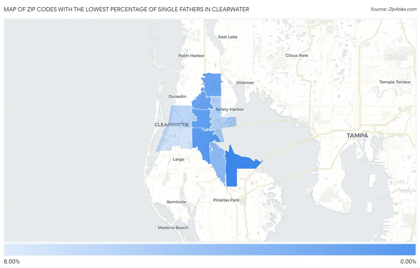 Zip Codes with the Lowest Percentage of Single Fathers in Clearwater Map