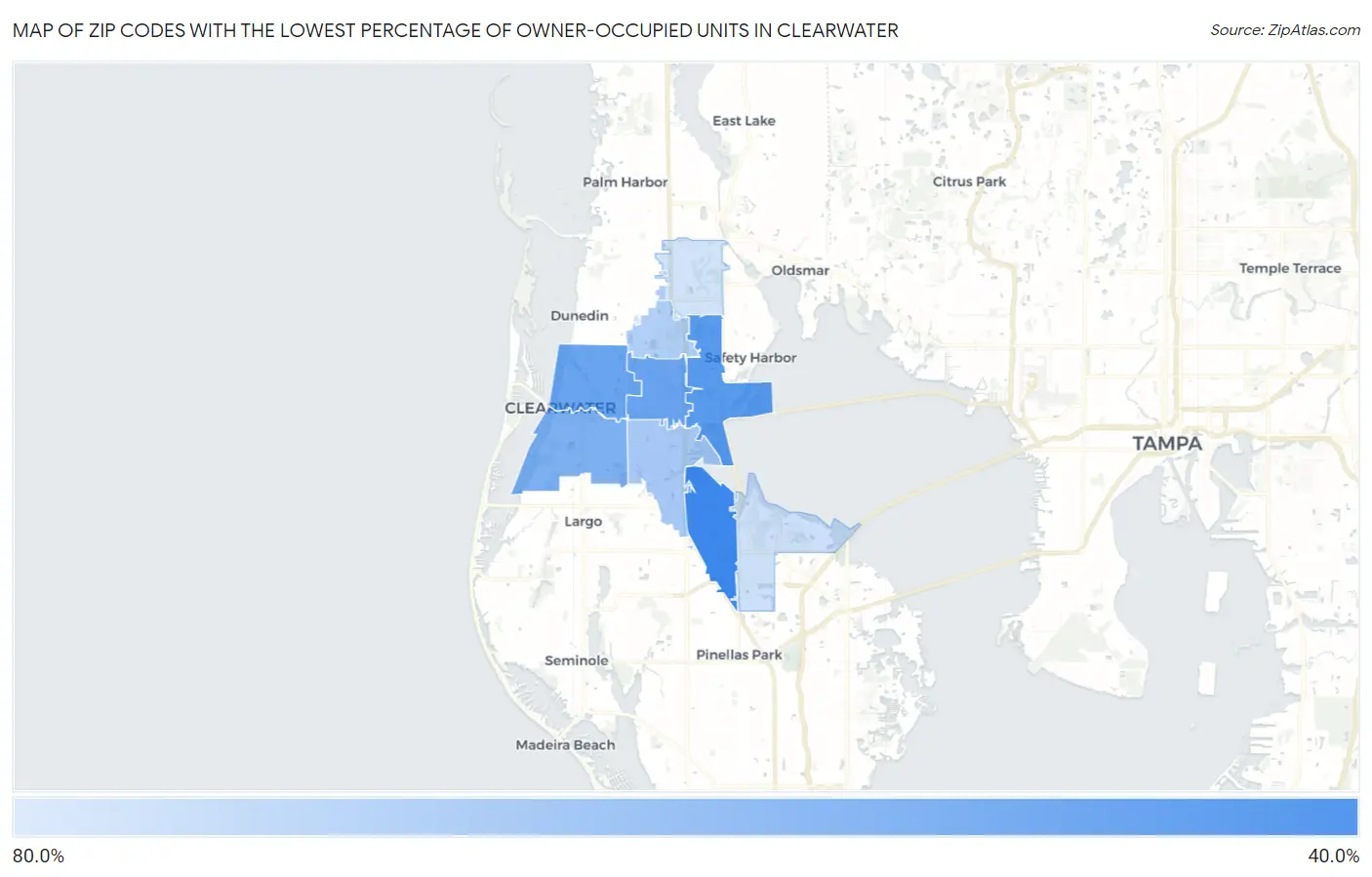 Zip Codes with the Lowest Percentage of Owner-Occupied Units in Clearwater Map