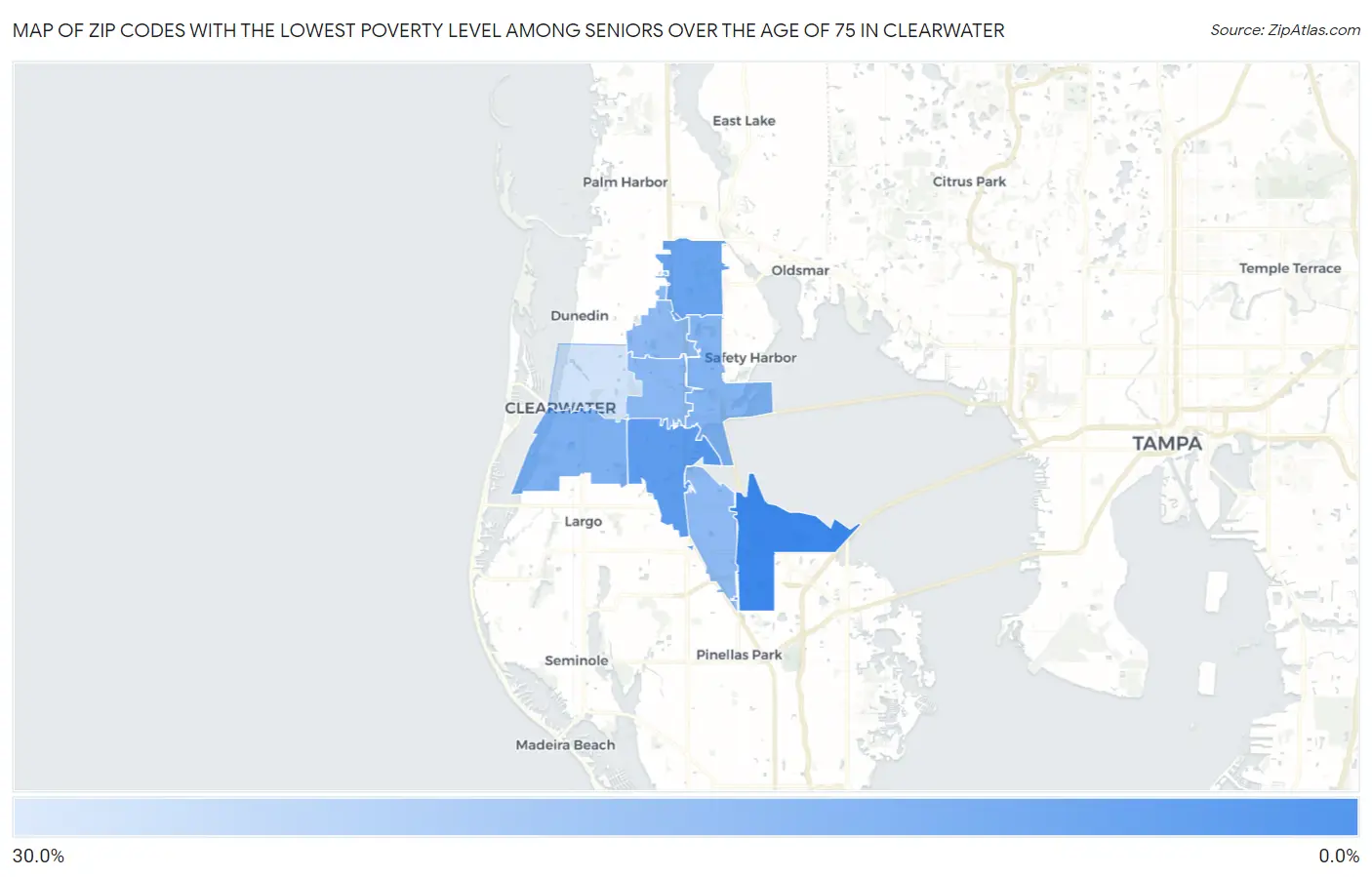 Zip Codes with the Lowest Poverty Level Among Seniors Over the Age of 75 in Clearwater Map