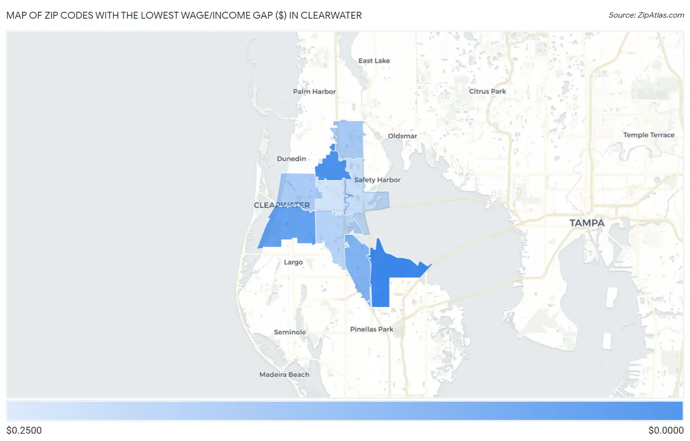 Zip Codes with the Lowest Wage/Income Gap ($) in Clearwater Map