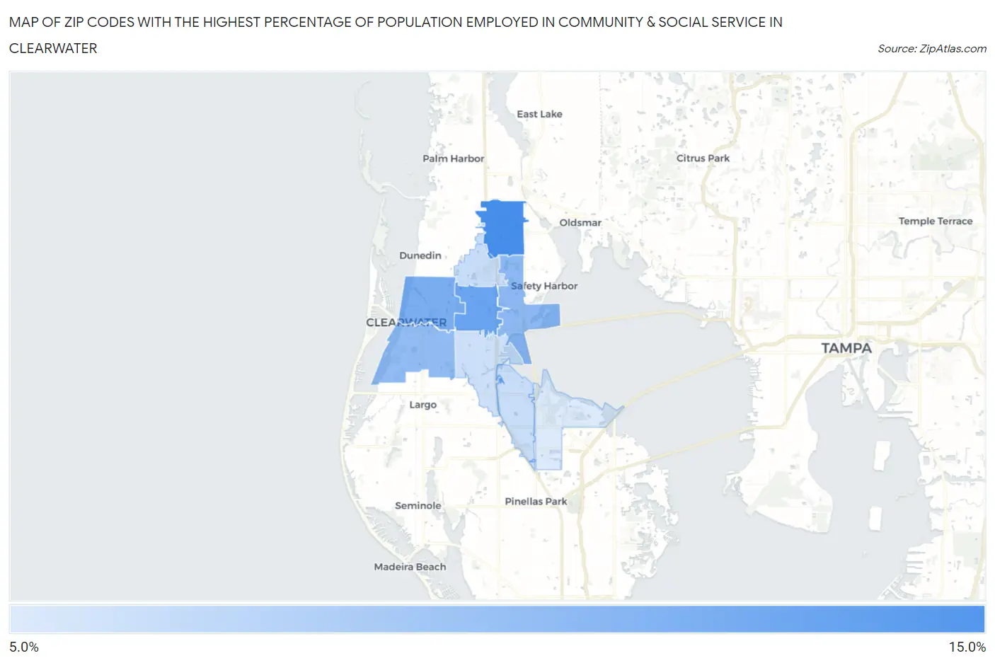 Zip Codes with the Highest Percentage of Population Employed in Community & Social Service  in Clearwater Map