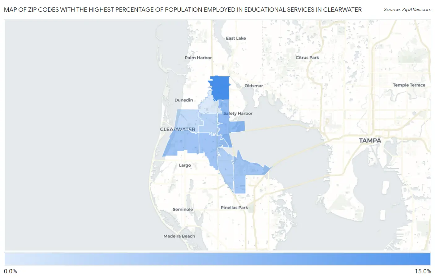 Zip Codes with the Highest Percentage of Population Employed in Educational Services in Clearwater Map