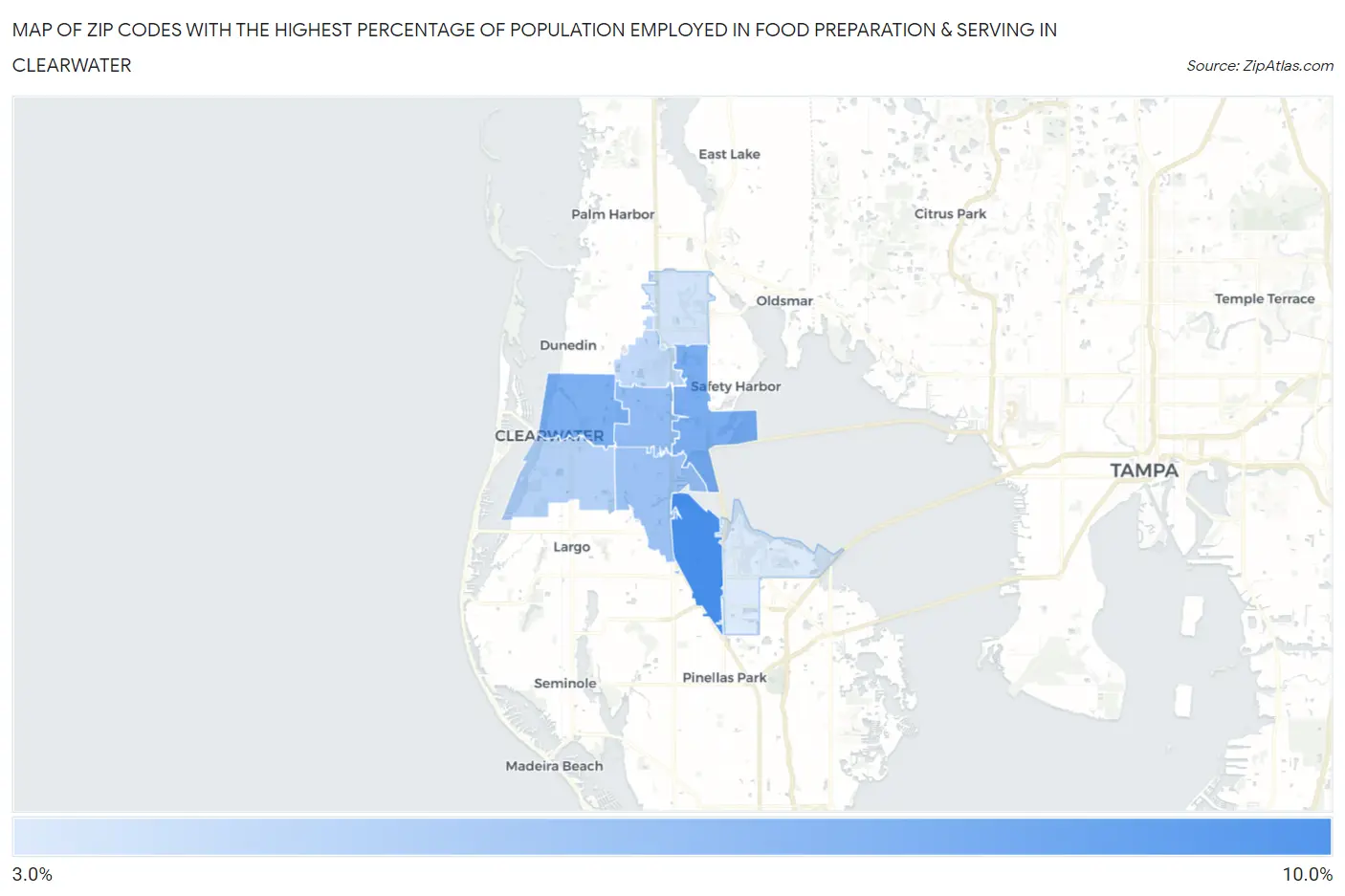Zip Codes with the Highest Percentage of Population Employed in Food Preparation & Serving in Clearwater Map