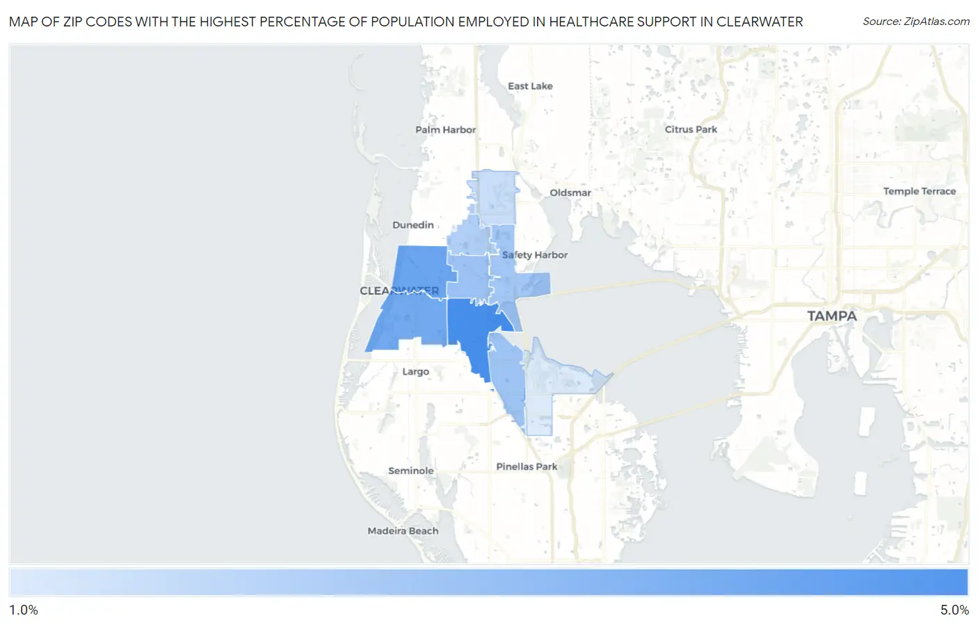 Zip Codes with the Highest Percentage of Population Employed in Healthcare Support in Clearwater Map
