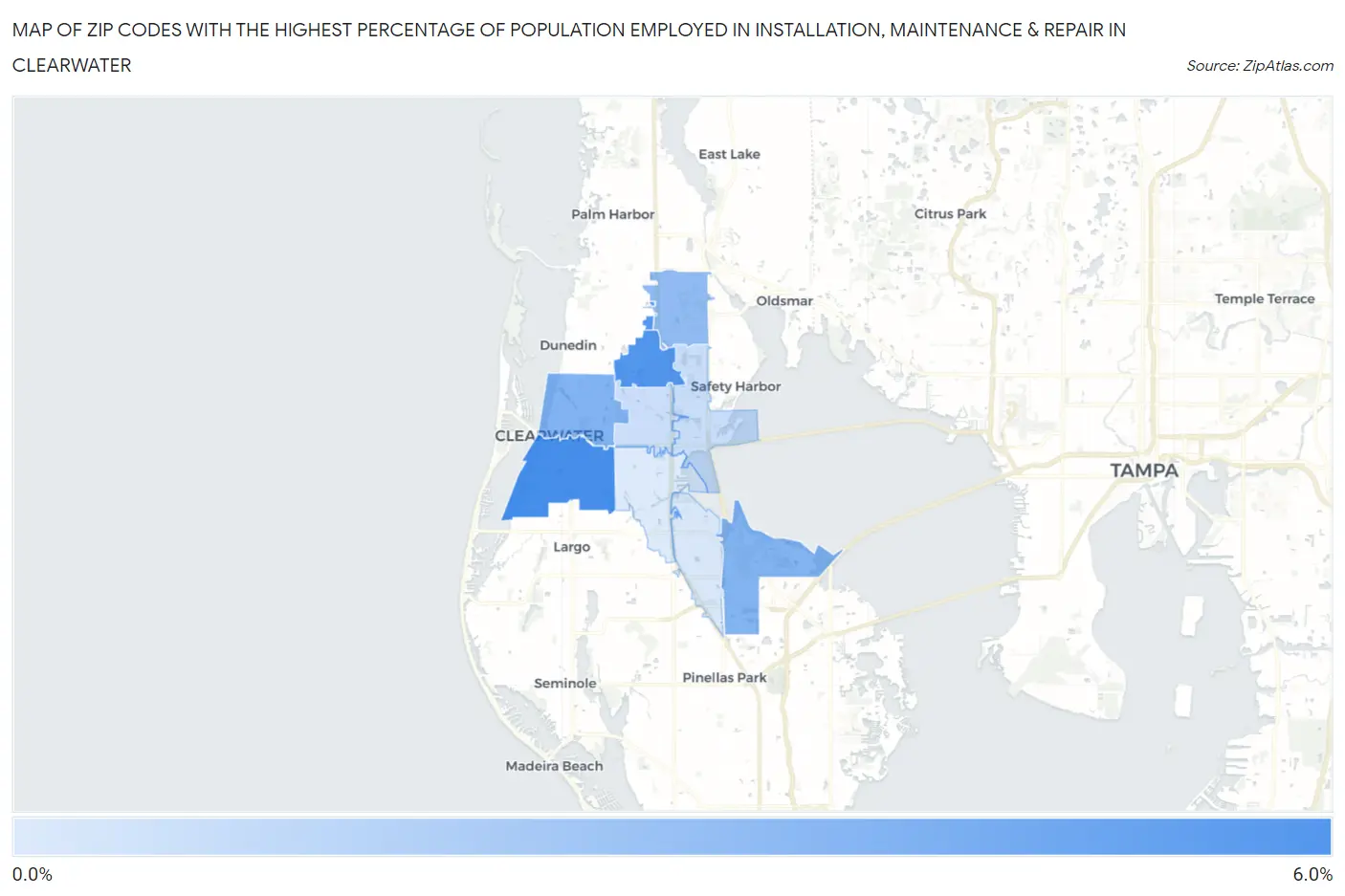 Zip Codes with the Highest Percentage of Population Employed in Installation, Maintenance & Repair in Clearwater Map