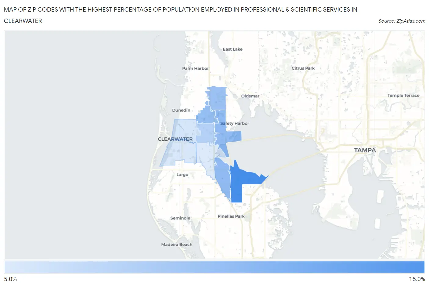 Zip Codes with the Highest Percentage of Population Employed in Professional & Scientific Services in Clearwater Map
