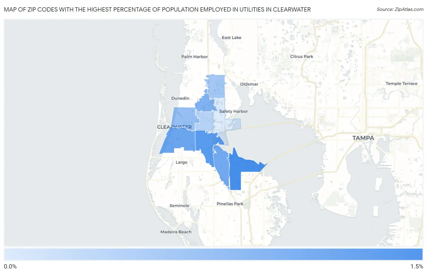 Zip Codes with the Highest Percentage of Population Employed in Utilities in Clearwater Map
