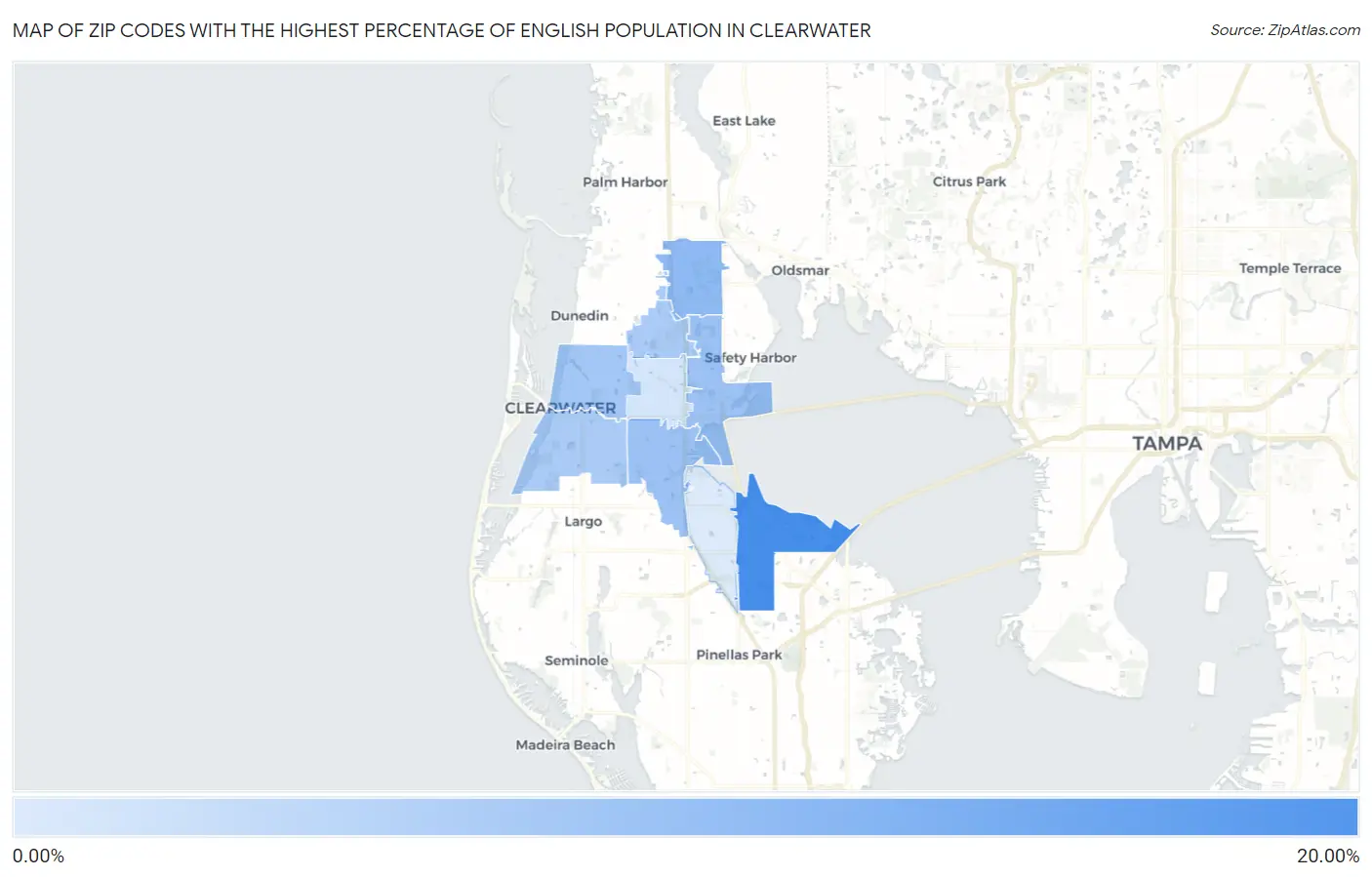 Zip Codes with the Highest Percentage of English Population in Clearwater Map