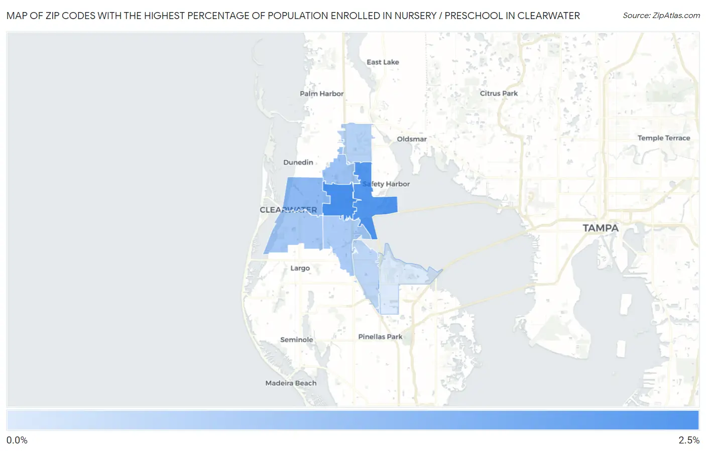 Zip Codes with the Highest Percentage of Population Enrolled in Nursery / Preschool in Clearwater Map