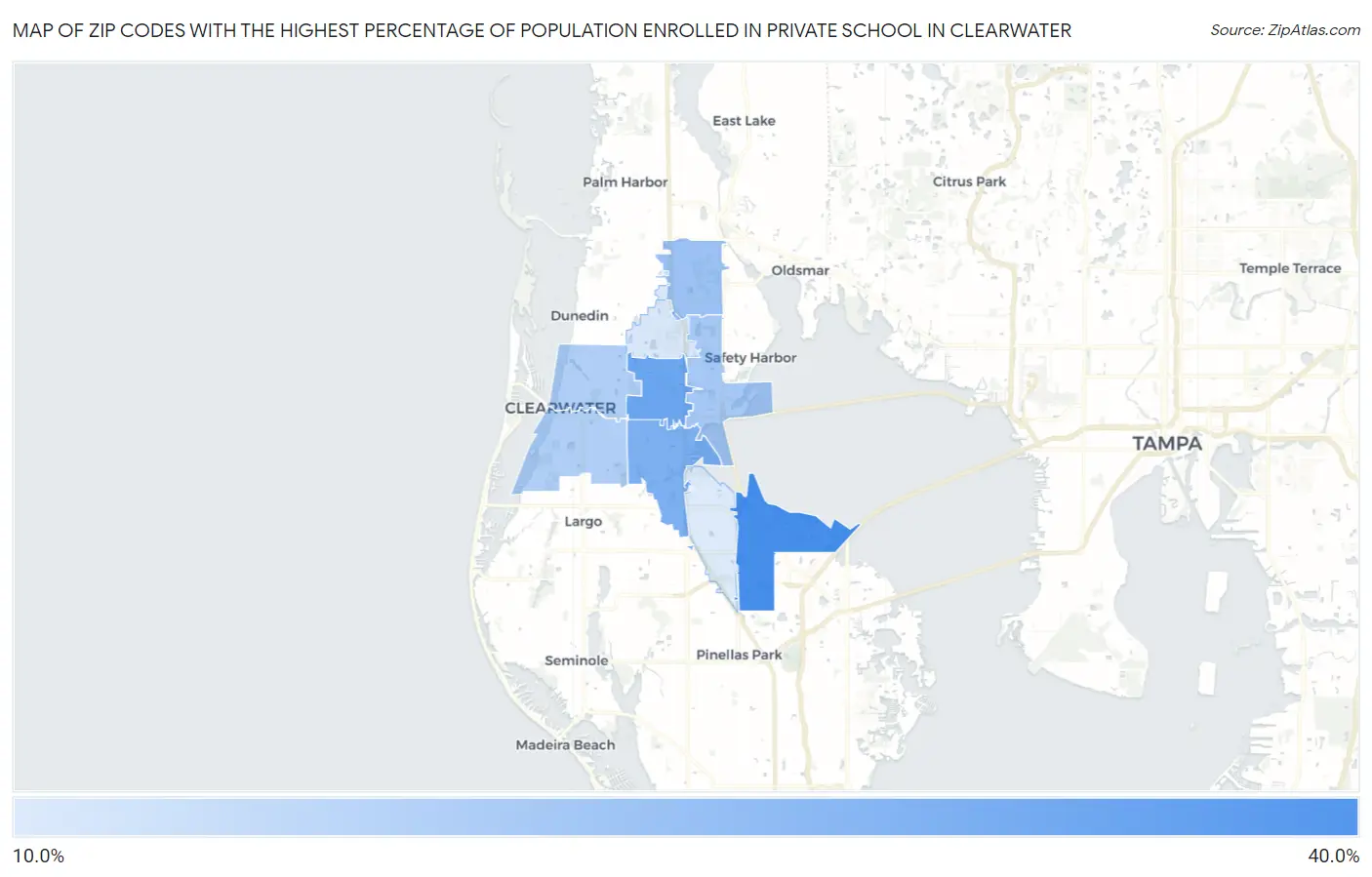 Zip Codes with the Highest Percentage of Population Enrolled in Private School in Clearwater Map