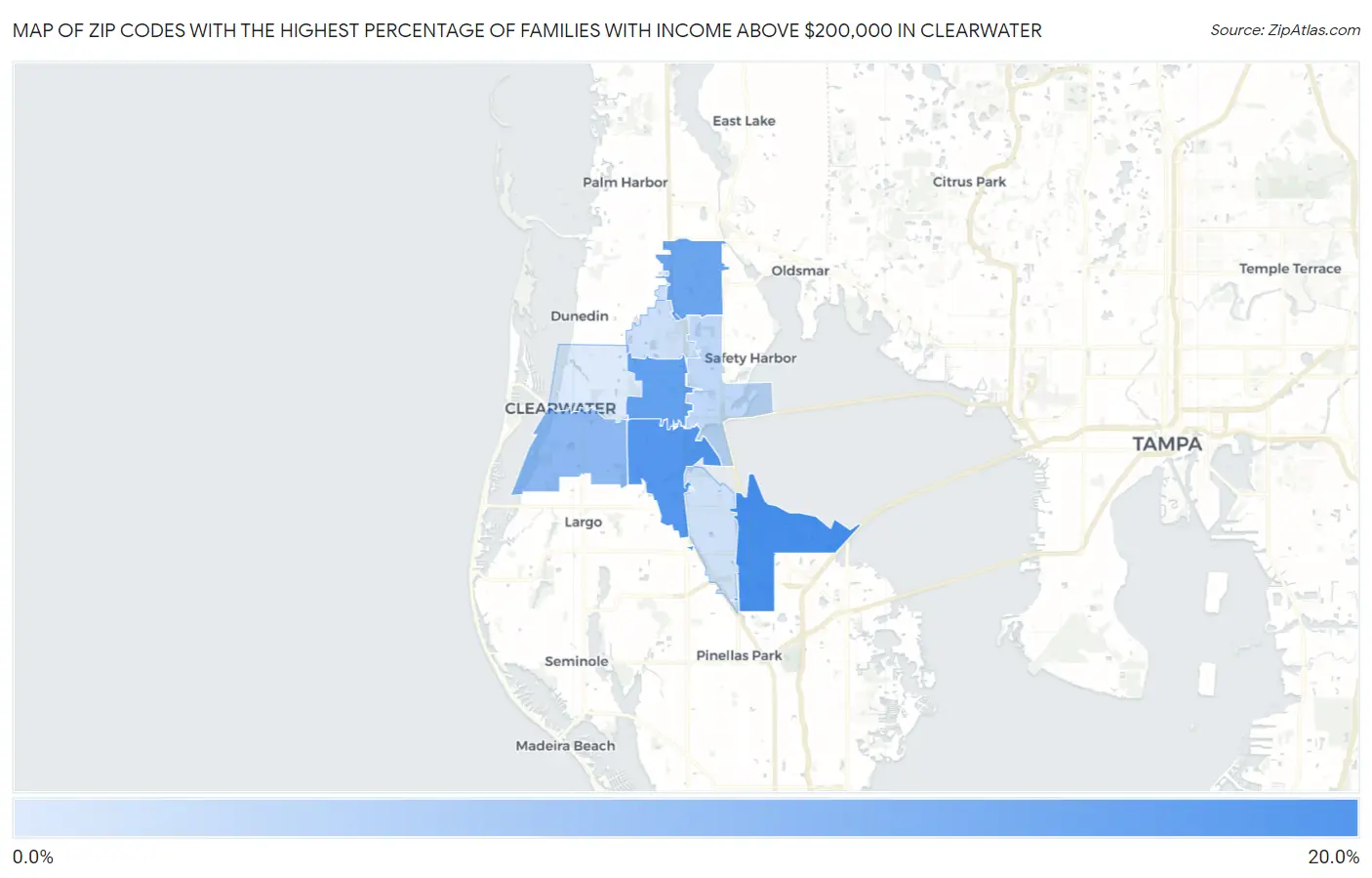 Zip Codes with the Highest Percentage of Families with Income Above $200,000 in Clearwater Map