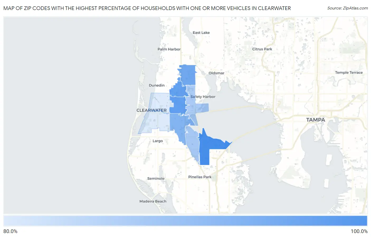 Zip Codes with the Highest Percentage of Households With One or more Vehicles in Clearwater Map