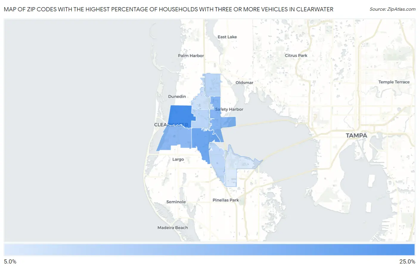 Zip Codes with the Highest Percentage of Households With Three or more Vehicles in Clearwater Map