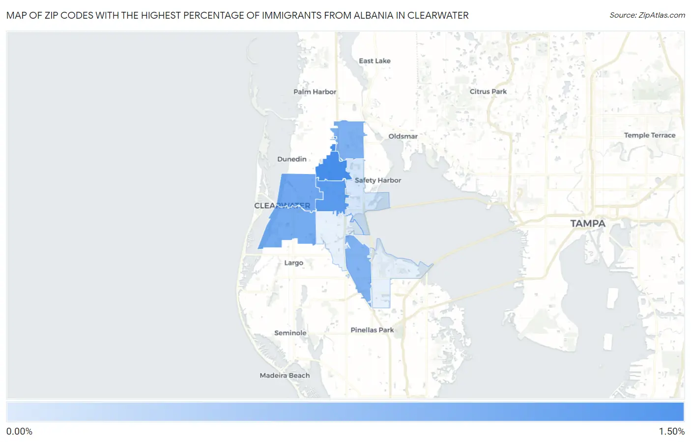 Zip Codes with the Highest Percentage of Immigrants from Albania in Clearwater Map