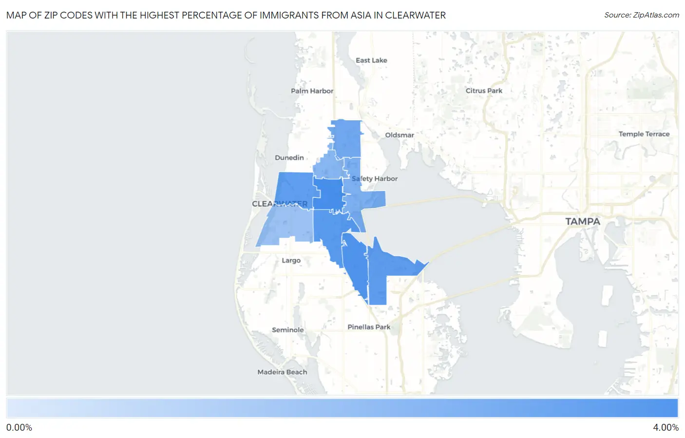 Zip Codes with the Highest Percentage of Immigrants from Asia in Clearwater Map