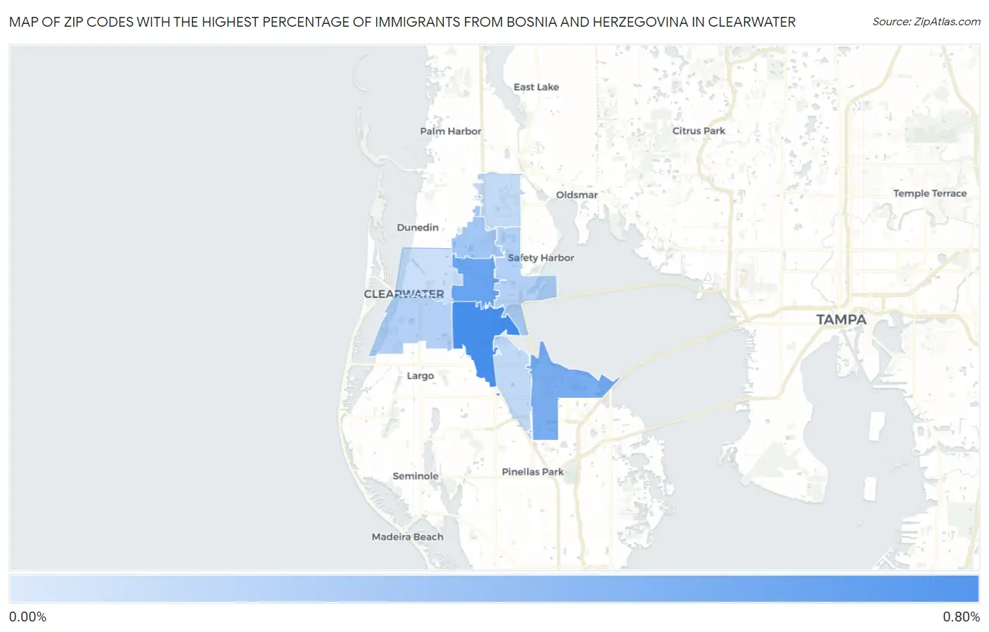 Zip Codes with the Highest Percentage of Immigrants from Bosnia and Herzegovina in Clearwater Map
