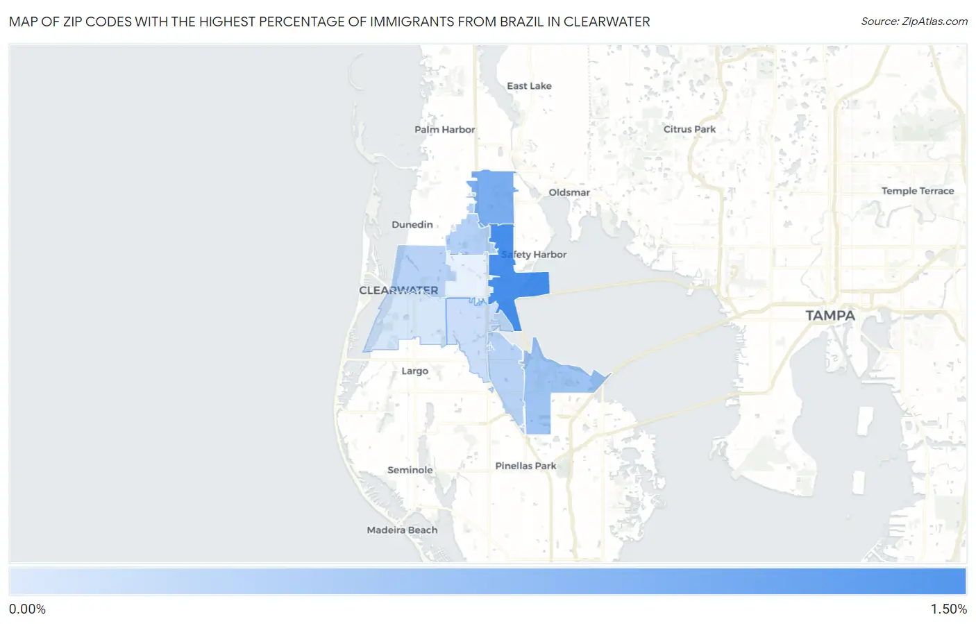 Zip Codes with the Highest Percentage of Immigrants from Brazil in Clearwater Map
