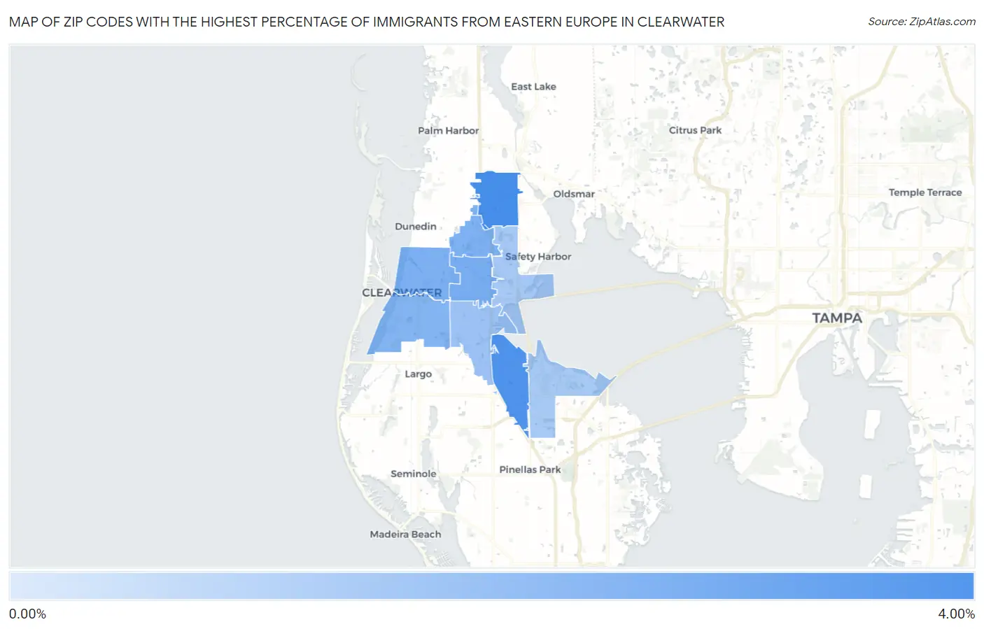 Zip Codes with the Highest Percentage of Immigrants from Eastern Europe in Clearwater Map