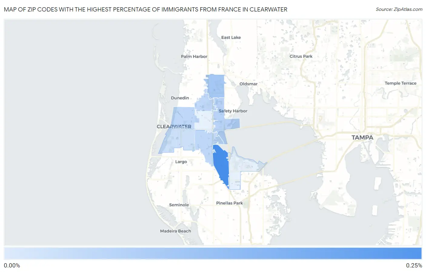 Zip Codes with the Highest Percentage of Immigrants from France in Clearwater Map