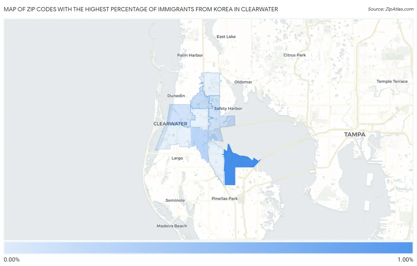 Zip Codes with the Highest Percentage of Immigrants from Korea in Clearwater Map