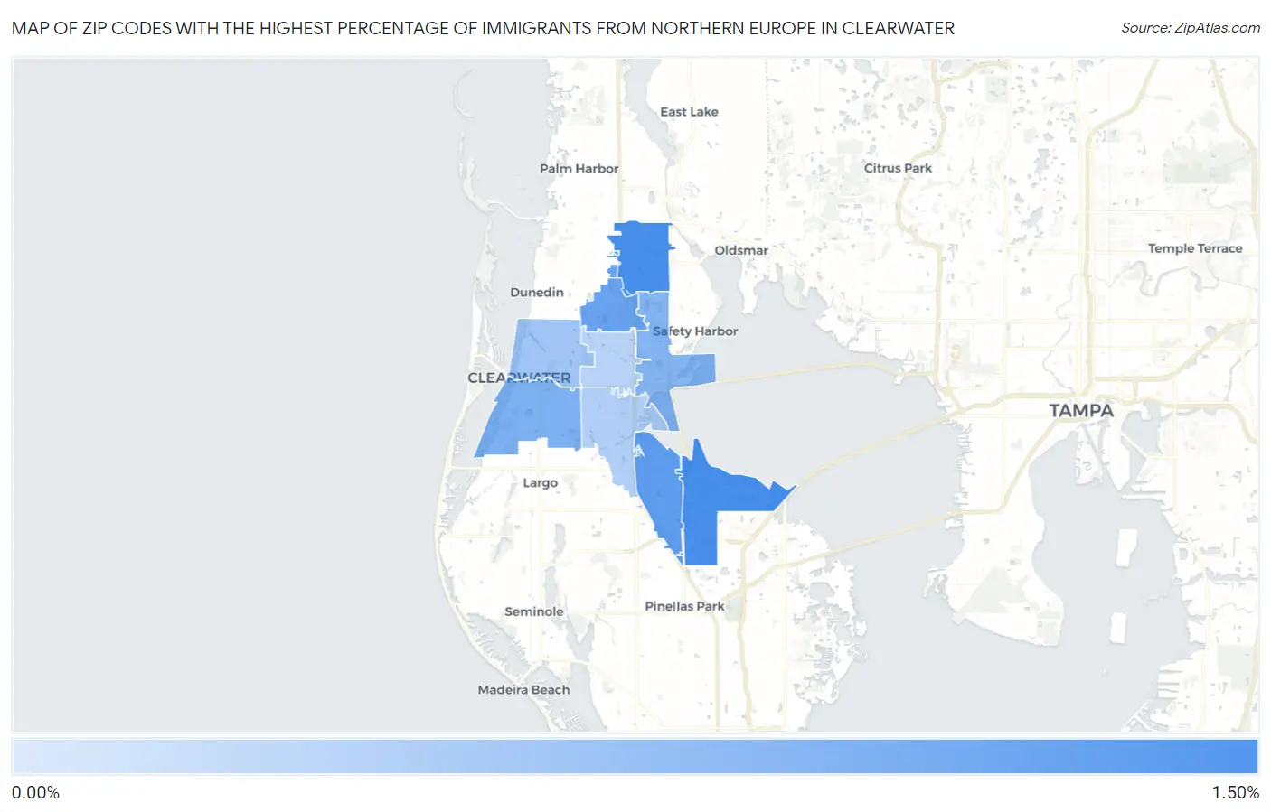 Zip Codes with the Highest Percentage of Immigrants from Northern Europe in Clearwater Map