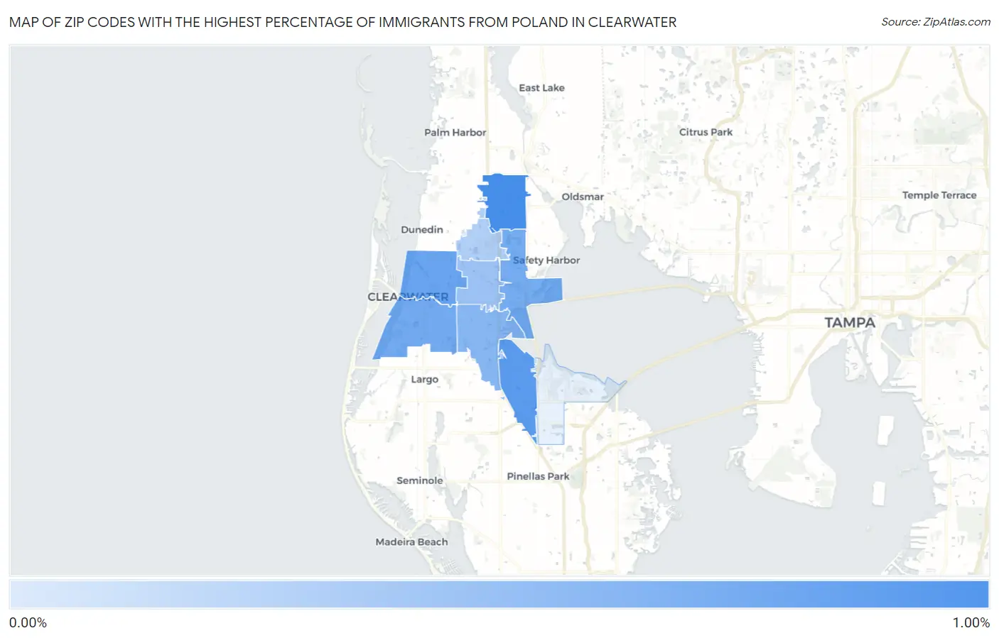 Zip Codes with the Highest Percentage of Immigrants from Poland in Clearwater Map