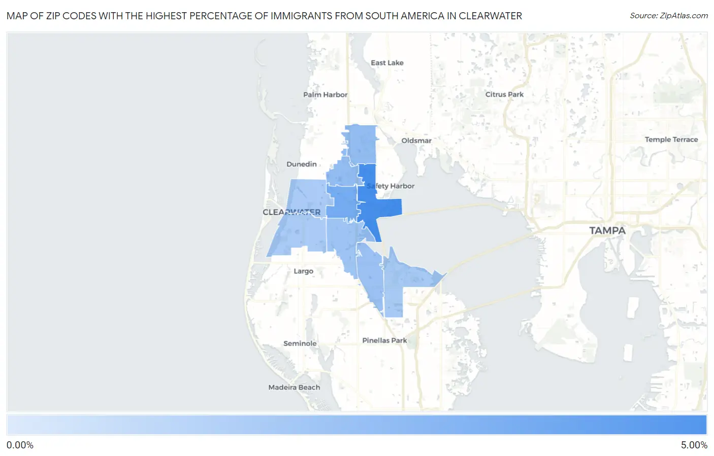 Zip Codes with the Highest Percentage of Immigrants from South America in Clearwater Map