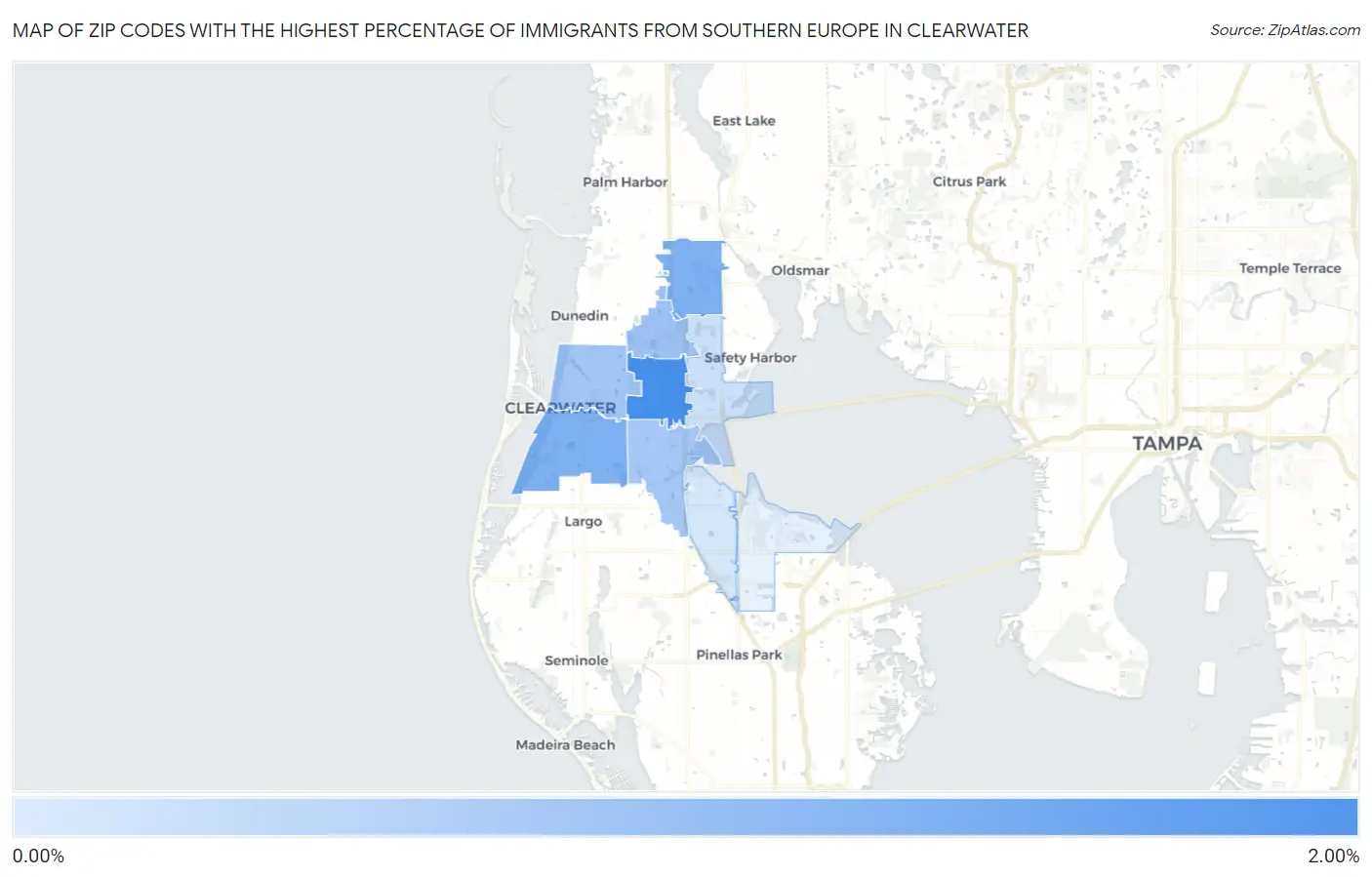 Zip Codes with the Highest Percentage of Immigrants from Southern Europe in Clearwater Map