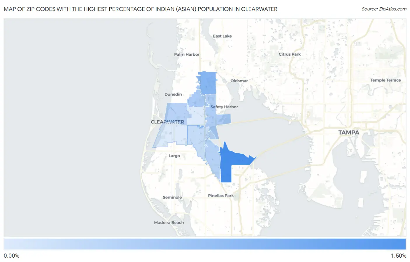 Zip Codes with the Highest Percentage of Indian (Asian) Population in Clearwater Map